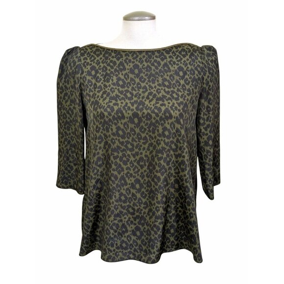 Claudie Pierlot Womens 8 Medium Animal Print Blouse Olive Green Back Keyhole - Picture 1 of 7